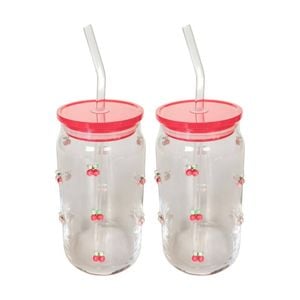 2x Urban Products Kaya Red Cherry Glass Can Drinkware W/ Straw 14cm