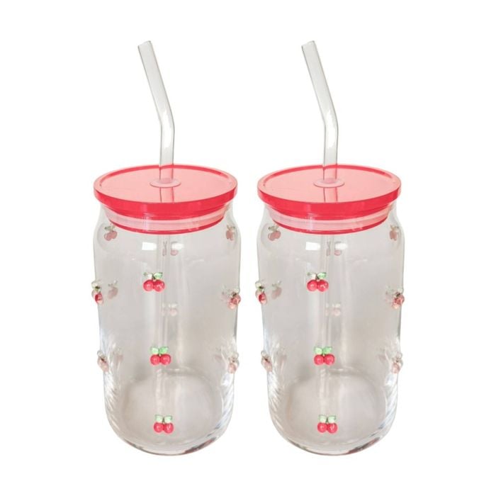 2x Urban Products Kaya Red Cherry Glass Can Drinkware W/ Straw 14cm