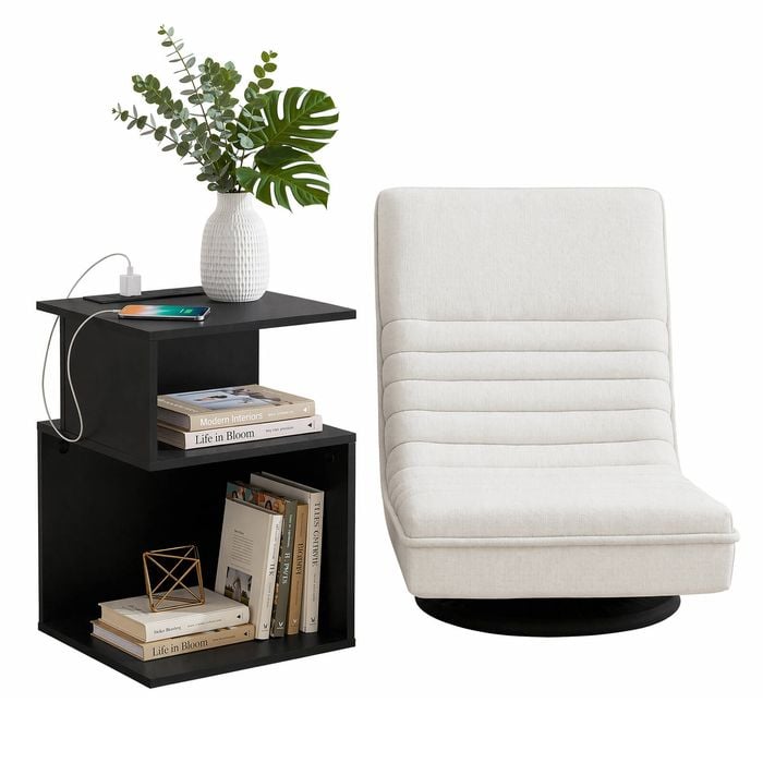 Artiss Swivel Floor Chair And Bedside Table With Charging Station Set