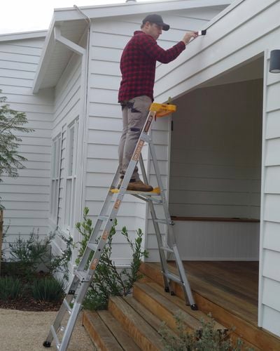 tradesperson standing and painting on a ladder