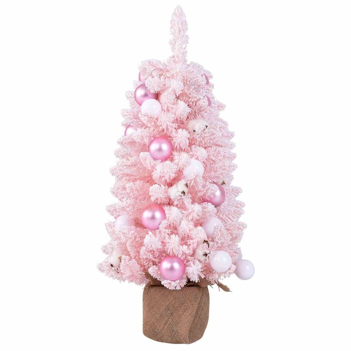 Costway 90cm Pink Mini Christmas Tree Pre-Decorated Snow Flocked Xmas Tree Cotton