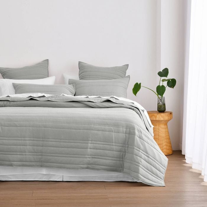 Dreamaker Superfine Washed Microfibre Stripe Quilted Coverlet Set Dove Grey Super King Bed
