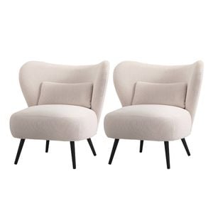 Oikiture 2x Armchair Lounge Chair with Lumbar Pillow Wingback Velvet Beige
