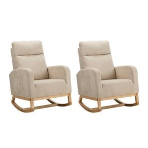 Oikiture 2x Rocking Armchair Linen Fabric Lounge Chair Accent Chair Beige