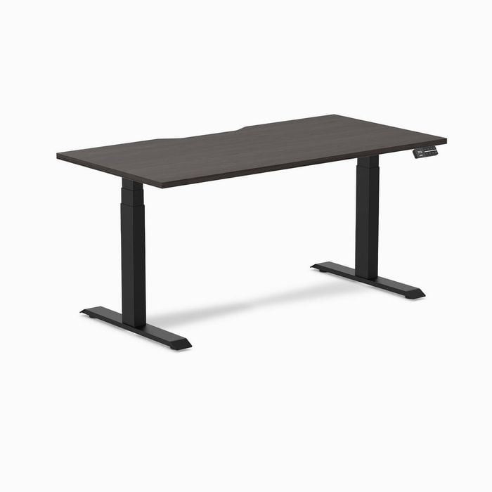 Desky Dual Burnished Wood Scalloped Melamine Sit Stand Desk 150x75cm Matte Black Frame Leg