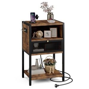 Advwin Bedside Table with Charging Station Metal Mesh Drawer Nightstand Side Table Rustic Brown