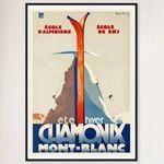 Galrie Chamonix Mont Blanc France Vintage Ski Poster for Summer and Winter Sports Art, Black Frame, 50 x 70cm (20 x 28inch)