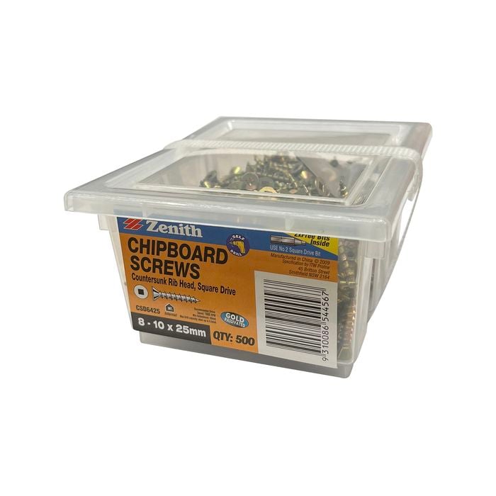 Zenith 8G x 25mm Gold Passivated Square Drive Chipboard Screw - 500 Pack