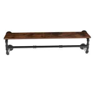 P&P Brown Industrial Rustic Wall Shelf With Pipe Hanging Rod – Wood Board & Metal Clothing Rack