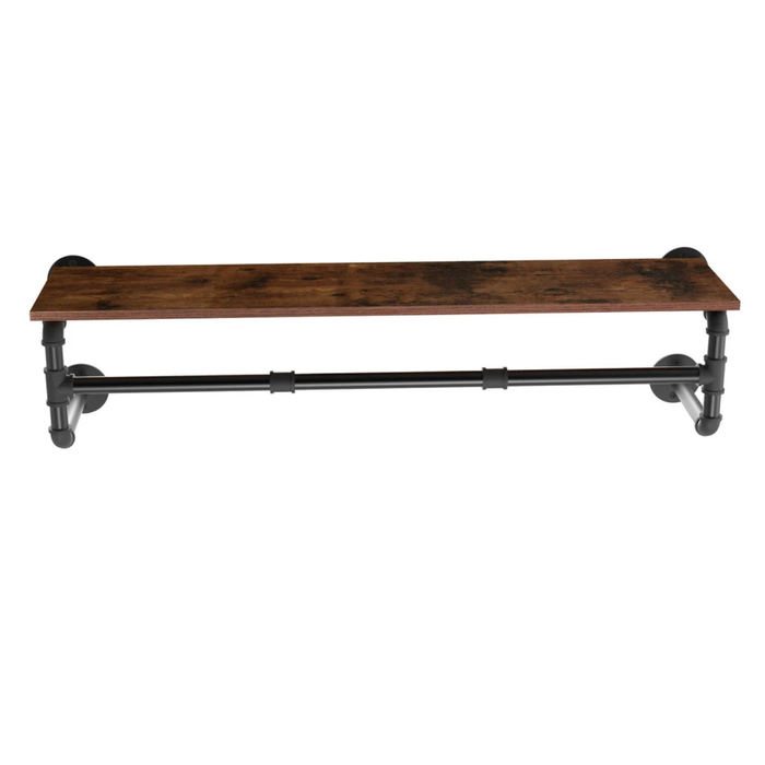 P&P Brown Industrial Rustic Wall Shelf With Pipe Hanging Rod – Wood Board & Metal Clothing Rack