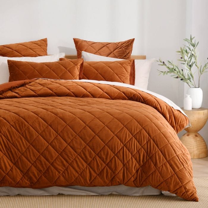 Dreamaker Haven Velvet Quilted Quilt Cover Set Rust Queen Bed