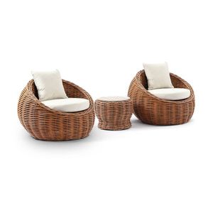 Newport Outdoor Wicker Lounge 2x Arm Chair Golden Brown With Side Table & Cream Cushions