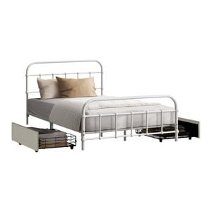 Oikiture Metal Bed Frame King Single Size Bed Base With 2 Drawers White