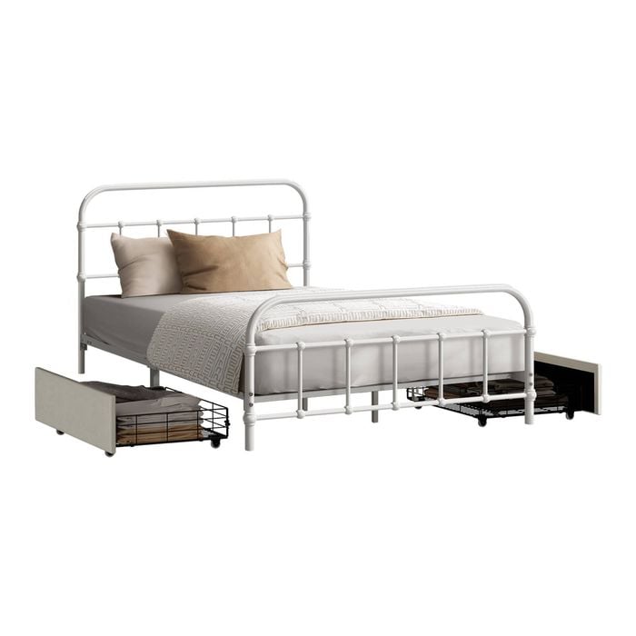 Oikiture Metal Bed Frame King Single Size Bed Base With 2 Drawers White