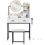 Advwin Dressing Table Set with Power Outlet and LED Light 360°Adjustable Mirror Angle White& Black