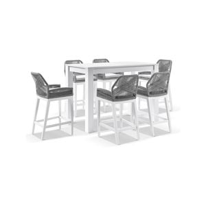 Santorini Outdoor 1.5m Bar Table White With 6 Hugo Aluminium and Rope Stools & Grey w/Textured Olefin Cushions