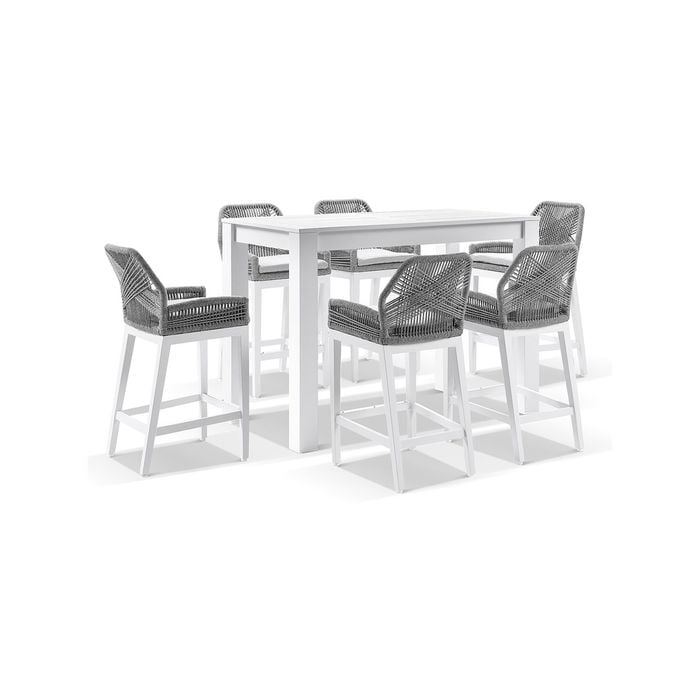 Santorini Outdoor 1.5m Bar Table White With 6 Hugo Aluminium and Rope Stools & Grey w/Textured Olefin Cushions