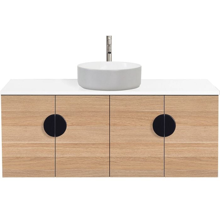 CIBO 1200mm Oak Mornington Wall Hung Vanity With Light Grey / White Basin And Black Handles