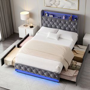 Advwin Queen Bed Frame with LED Light and Charging Station, Velvet Upholstered Headboard,4 Storage Drawers Grey