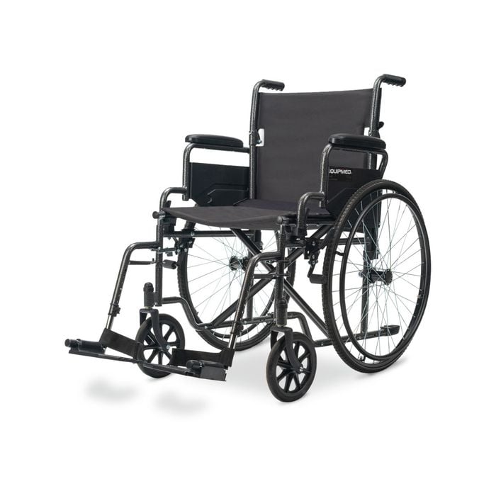 Equipmed 24 Inch Folding Wheelchair, XL Wide Design, 136kg Capacity, Park Brakes, Retractable Armrests, Dark Grey Hammertone