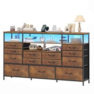 Advwin 13 Fabric Drawer Dresser with Charging Station, LED Chest of Drawers Rustic Brown