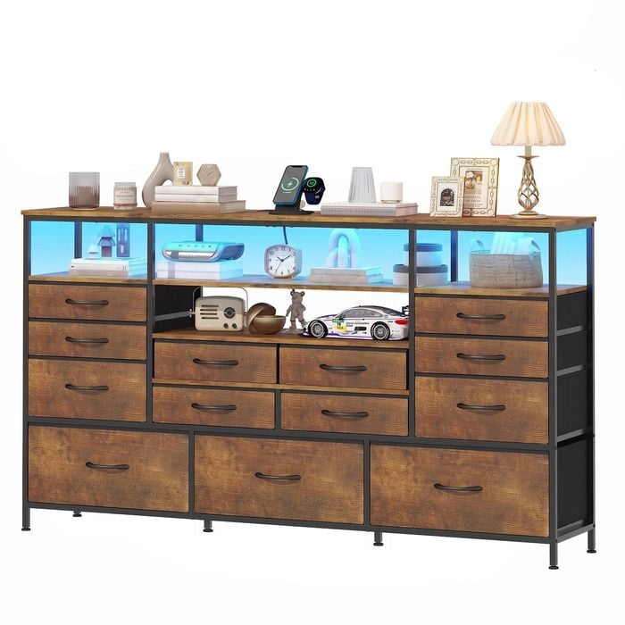 Advwin 13 Fabric Drawer Dresser with Charging Station, LED Chest of Drawers Rustic Brown
