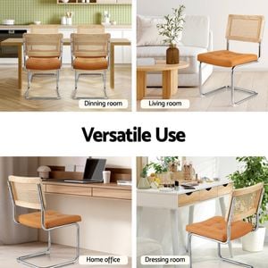 Homfurn Set Of 2 Dining Chairs – Rattan Back, Pu Leather Padded Seat, Cantilevered Stainless Steel Frame, 150kg Capacity, Brown