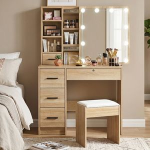 Oikiture Dressing Table Stool Set Slide Mirror Child Vanity Table Natural