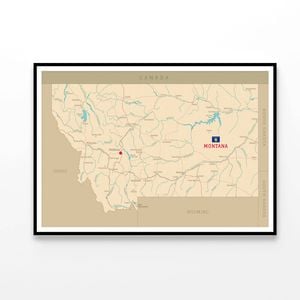 Road Map of Montana  Print 100% Australian Made 120x90cm  (Poster)