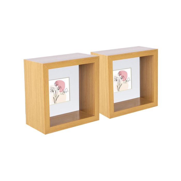 Nicola Spring 3D Deep Box Photo Frames - 4 x 4" with 2 x 2" Mount - Light Wood - Pack of 2