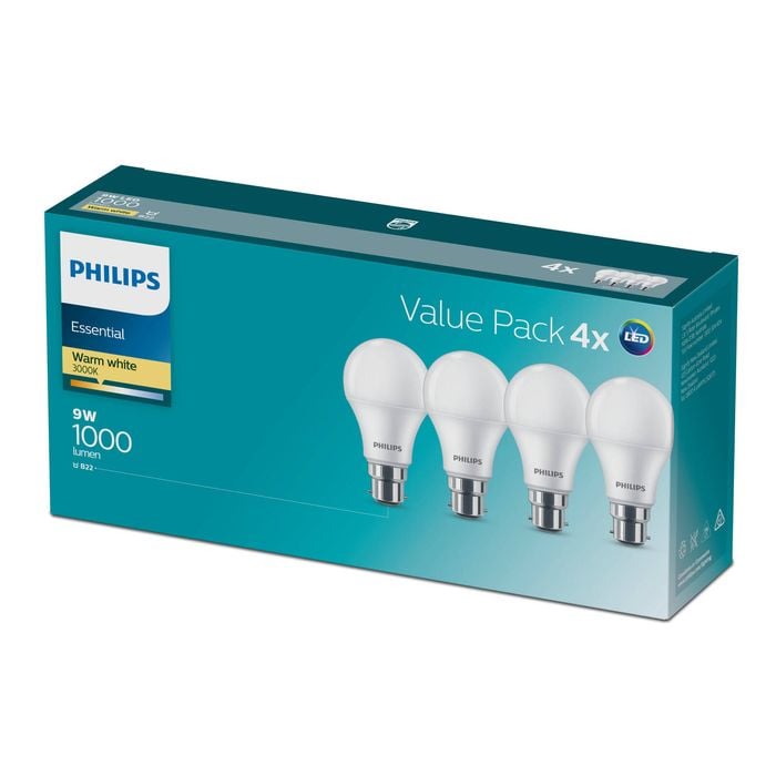 Philips A60 B22 LED 1000Lm Warm White 9W Globe - 4 Pack