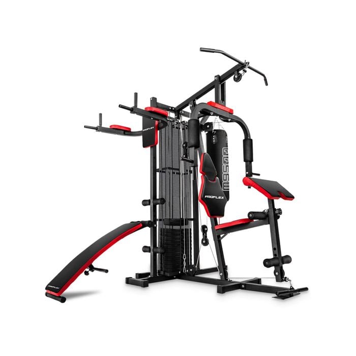 PROFLEX Red Multi Station Home Gym Set with 125lbs Plates & Boxing Bag - M9500