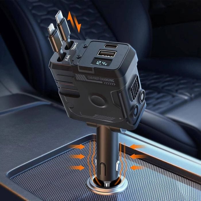 120W Retractable 4-in-1 Car Charger with USB-C, iPhone Cables & Voltage Display - AU Adapter