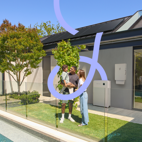 Residential solar and battery system installed on a modern home, with rooftop solar panels and energy storage unit visible beside a backyard pool.