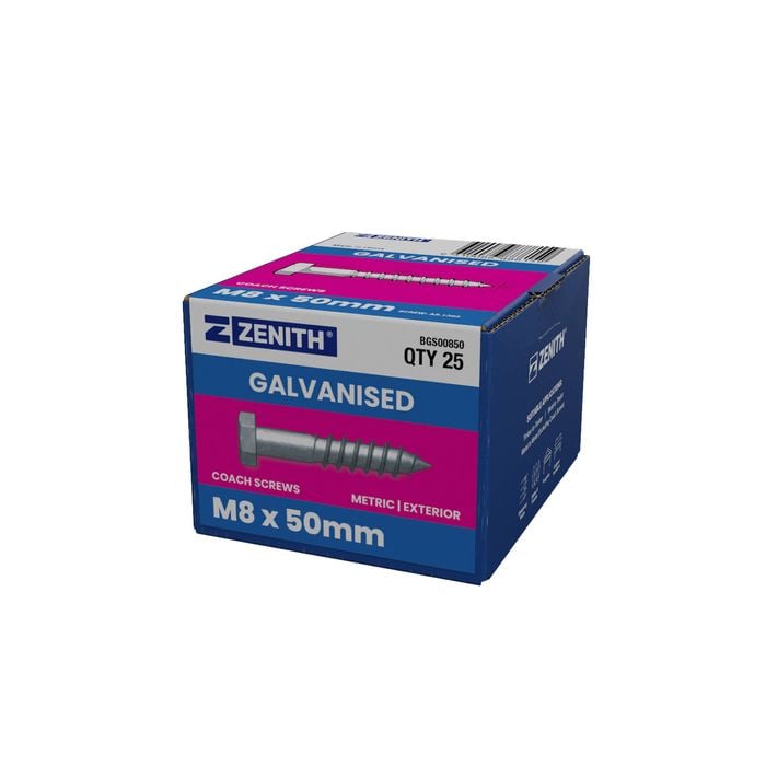 ZENITH M8 x 50mm Hot Dip Galvanised Hex Head Coach Screws - 25 Pack