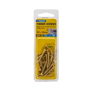 Zenith 8g x 30mm Brass Countersunk Long Thread Phillips Screws - 25 Pack