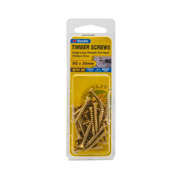 Zenith 8g x 30mm Brass Countersunk Long Thread Phillips Screws - 25 Pack