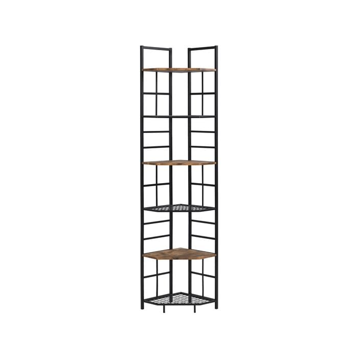 IHOMDEC Industrial 6-Tier Pentagon Corner Bookshelf, 194.5cmH Rustic Dark Brown