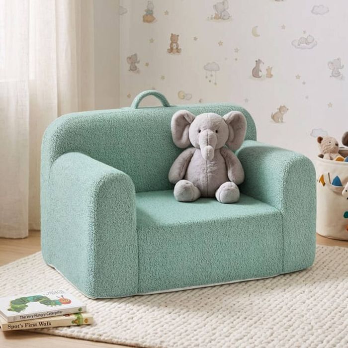 HOMFURN Kids Teddy Fleece Armchair with Handle, Mint Green Toddler Sofa, Washable Cover, No Assembly