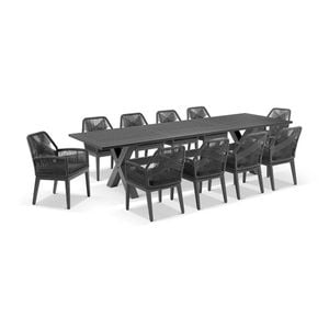 Tahitian 3m Aluminium Dining Table Charcoal With 10 Hugo Chairs & Carbon Grey/denim Grey Cushions