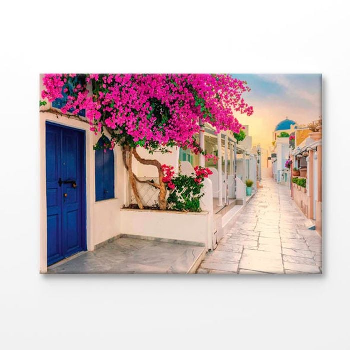 View of Oia Street in The Morning Print 100% Australian Made 150x100cm (Stretched Canvas)