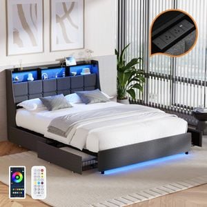 Oikiture Bed Frame Queen Size with Storage Drawers & Charging Station LED Light Headboard