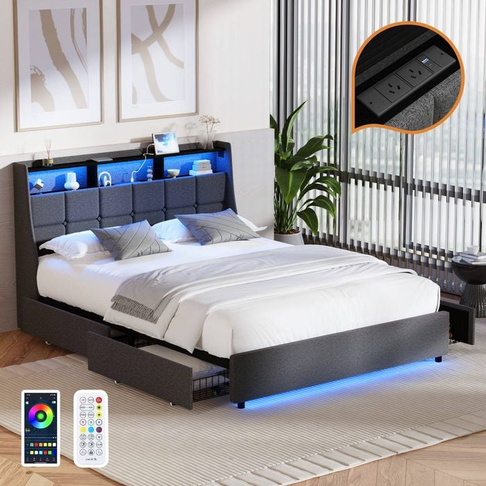 Oikiture Bed Frame Queen Size with Storage Drawers & Charging Station LED Light Headboard