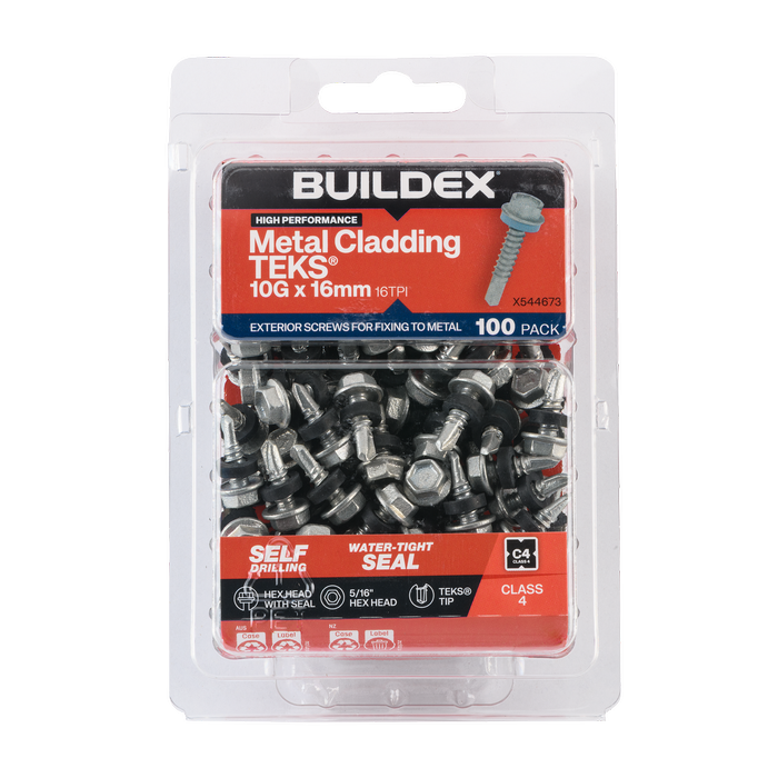 Buildex 10G x 16mm Class 4 Cladding & Fencing TEKS® Screws with Seal - 100 Pack