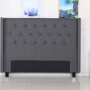 Bed Head Queen Charcoal Headboard Upholstery Fabric Studded Buttons