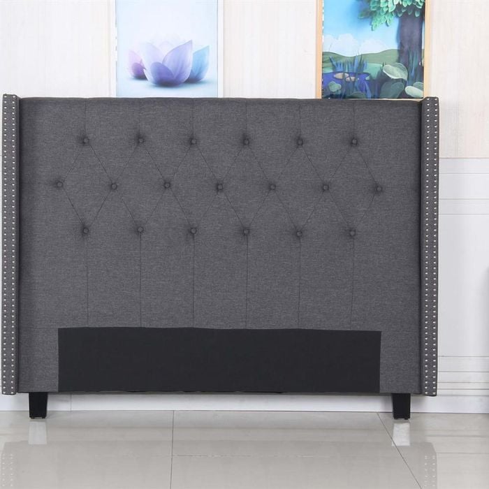 Bed Head Queen Charcoal Headboard Upholstery Fabric Studded Buttons