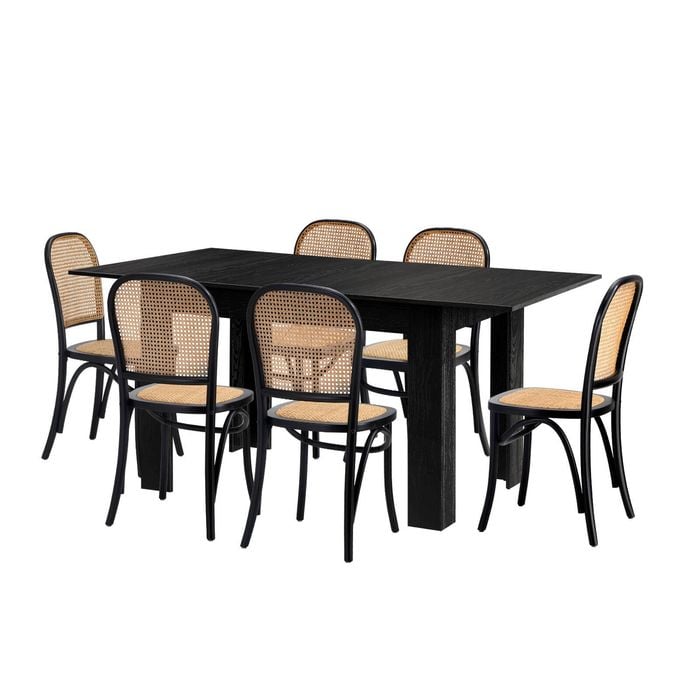 Oikiture 7PCS Dining sets 160cm Extendable Table with Chairs Rattan Black