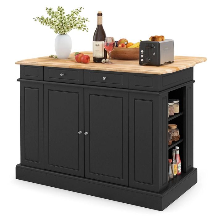 Costway Kitchen Island Table 2-Door Storage Cabinet Wood Countertop Black