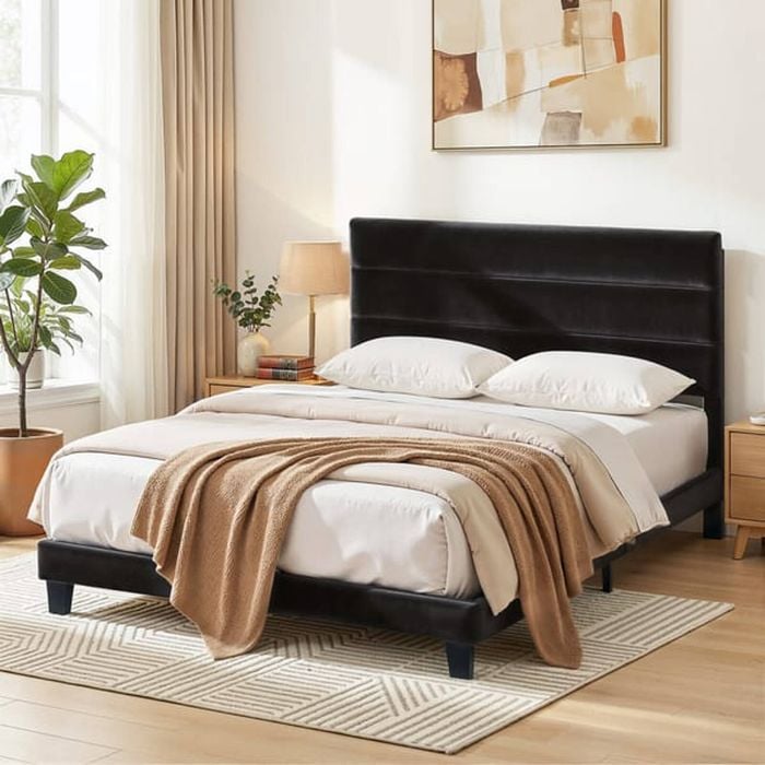 Homfurn Queen Bed Frame Upholstered Platform With Geometric Headboard Black Velvet
