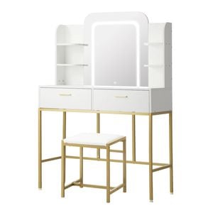 Oikiture Dressing Table Stool Set Makeup LED Mirror Vanity Iron Desk White Gold